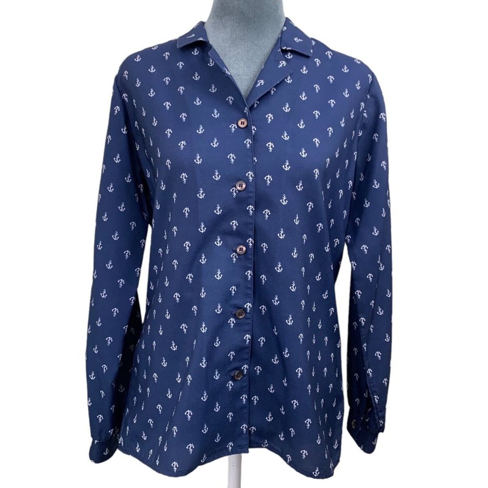 VINTAGE 60s Choice Womens Medium Blue Button Front Anchor Print Rockabilly